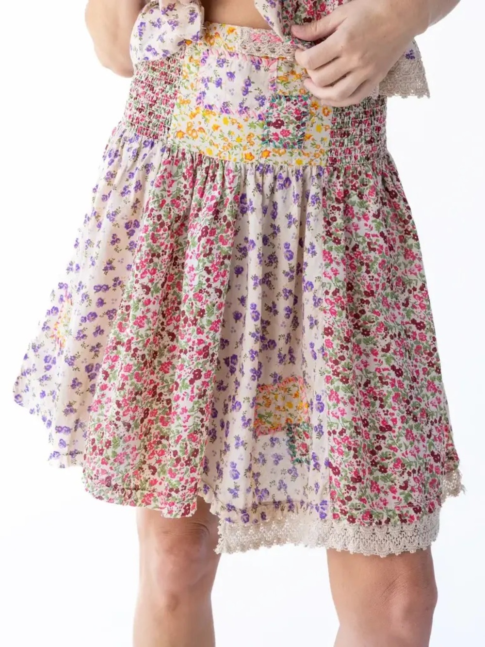 NATURAL LIFE Floral Patchwork Smocked Skirt with Lace Half Trim